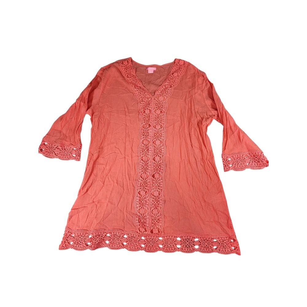 Isaac Mizrahi New York Coral Lace Trim Tunic Top XXL Boho Cotton Blouse